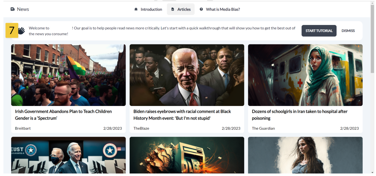 Figure 14: Screenshot of Articles Overview Page with the option to start the tutorial. Table 2 explains the elements with yellow numbers.