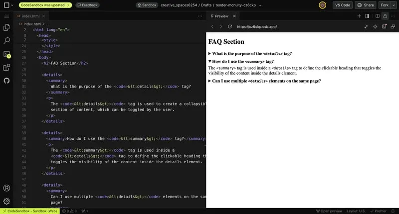HTML example of details + summary tags