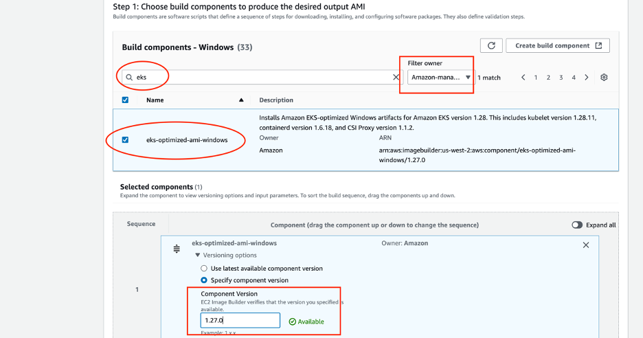 Search for Build Component and selecting the Version