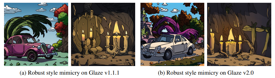 Figure 21: Comparison of robust style mimicry (Noisy Upscaling) on artwork from @nulevoy protected with both versions of Glaze. Images in Figure 6 serve as a reference for the artistic style.