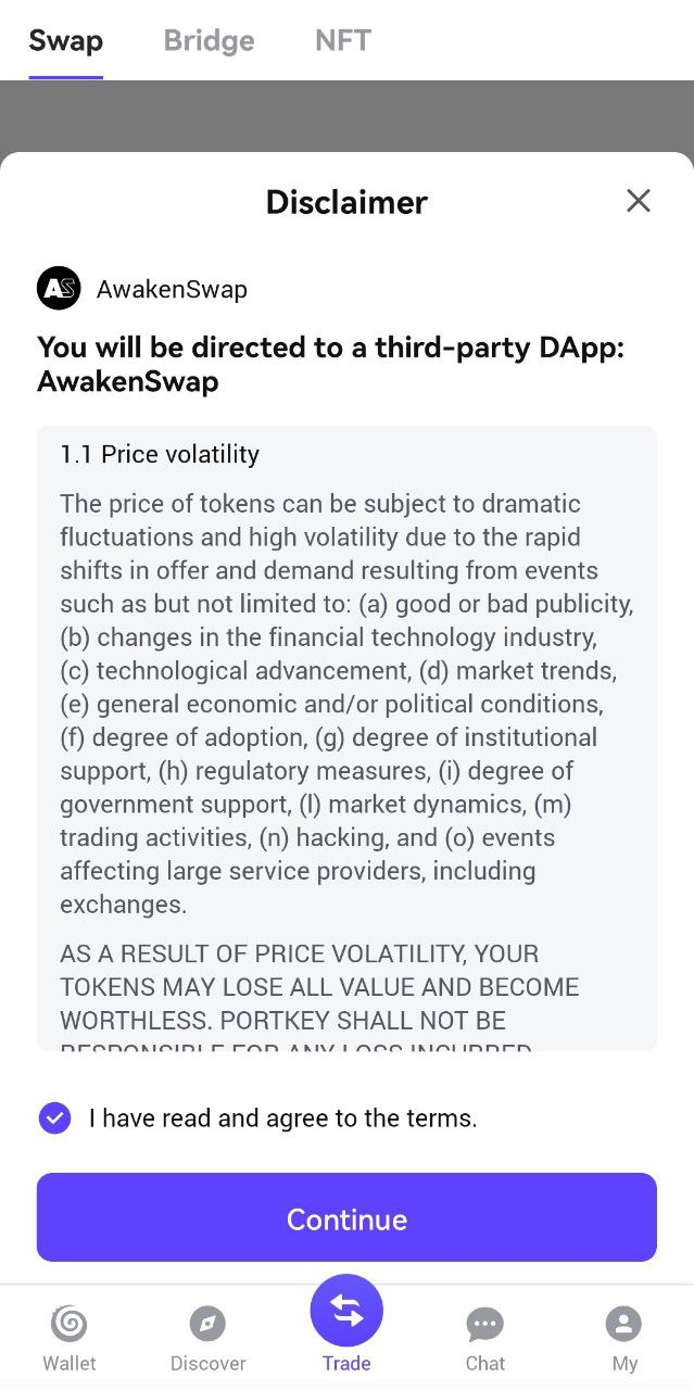 When users switch from Portkey to AwakenSwap to perform token swaps, a disclaimer appears to include a warning about price volatility 