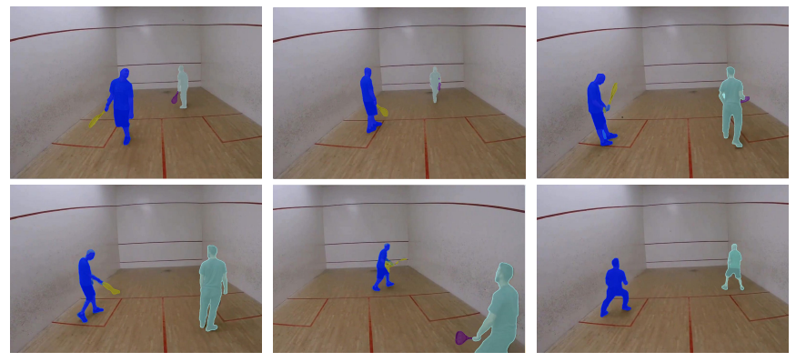 Fig. S1: Results on the BURST dataset. We successfully segment and track closed-world objects (e.g., persons), and open-world objects (e.g., rackets), throughout the video.