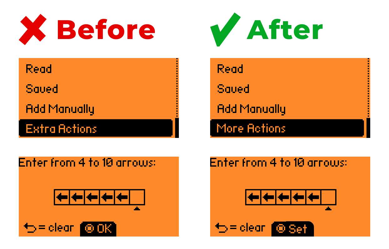 Example of using commonly accepted button names — “More actions” and “Set” instead of “Extra actions” and “OK” in the RFID menu and PIN saving screen