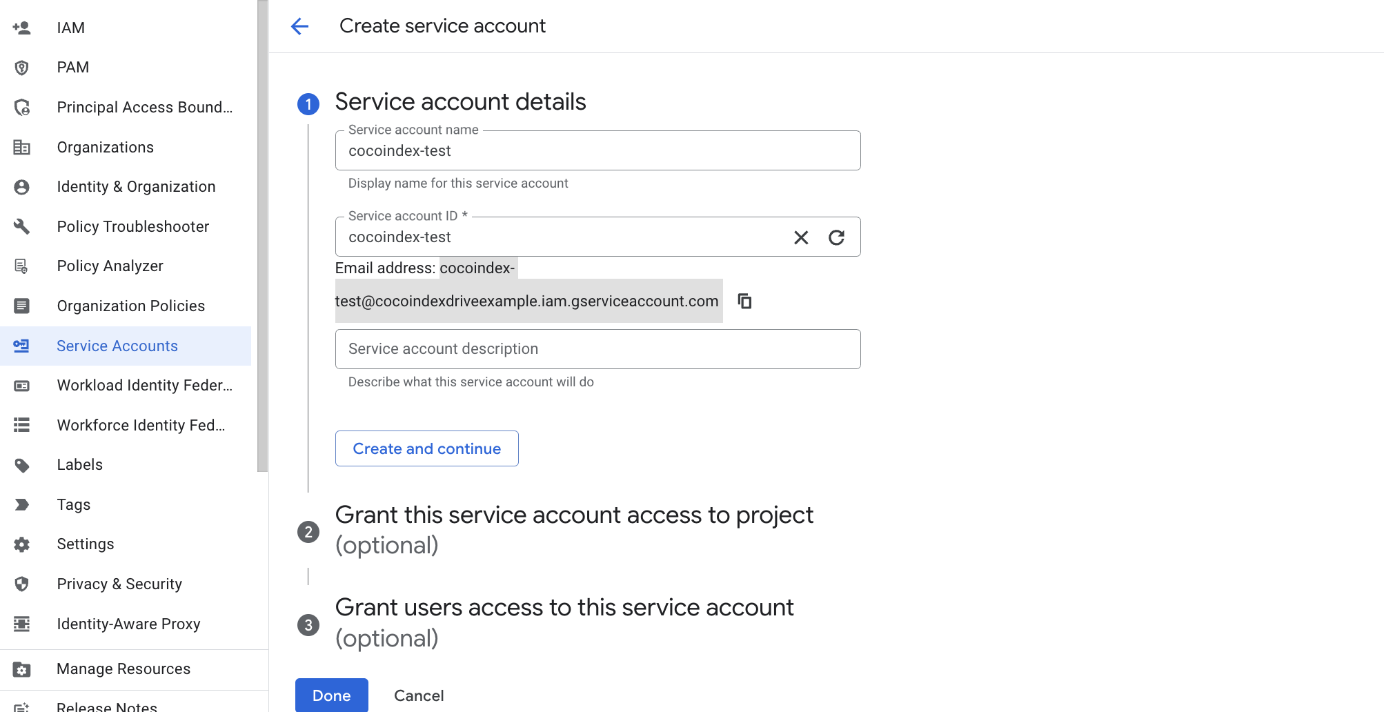 Service account form