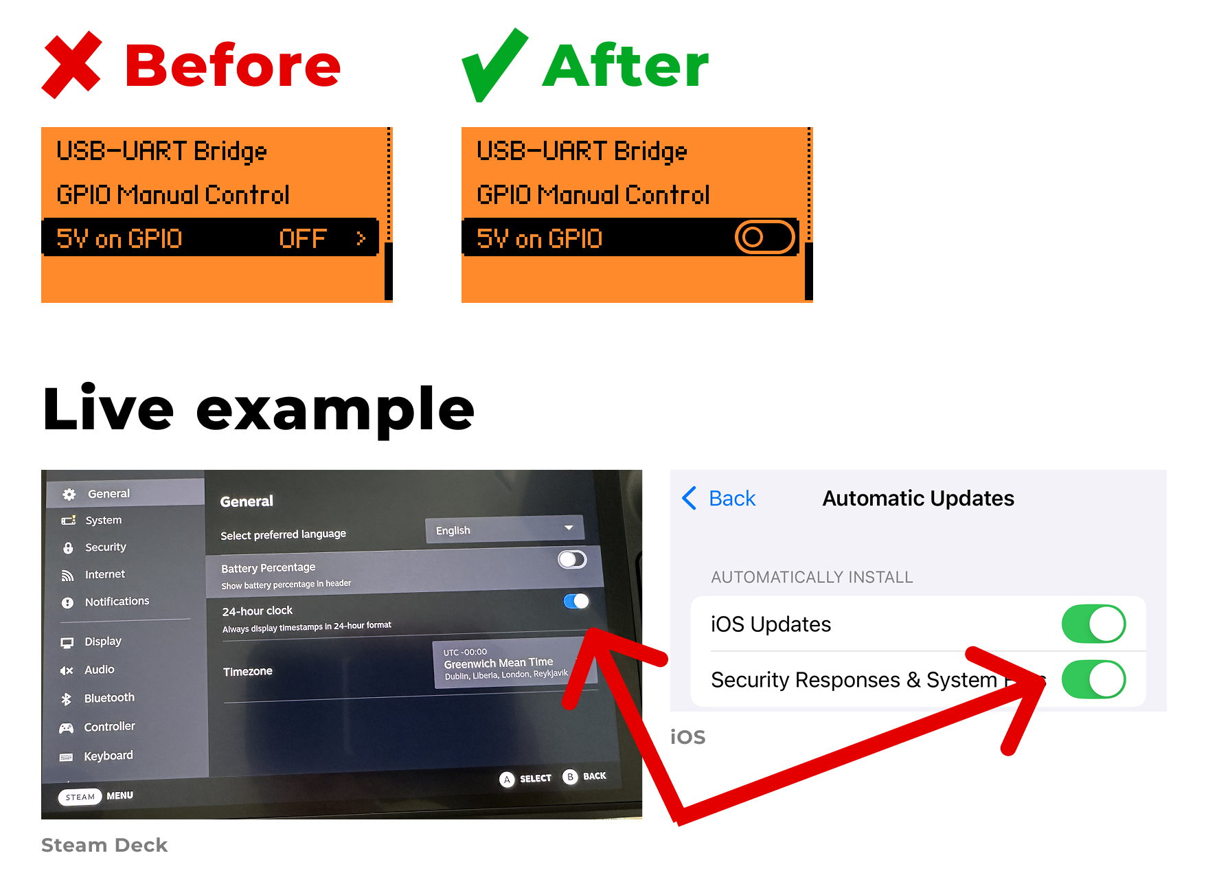 Example of an On/Off toggle in Flipper Zero, iOS, and Steam Deck settings