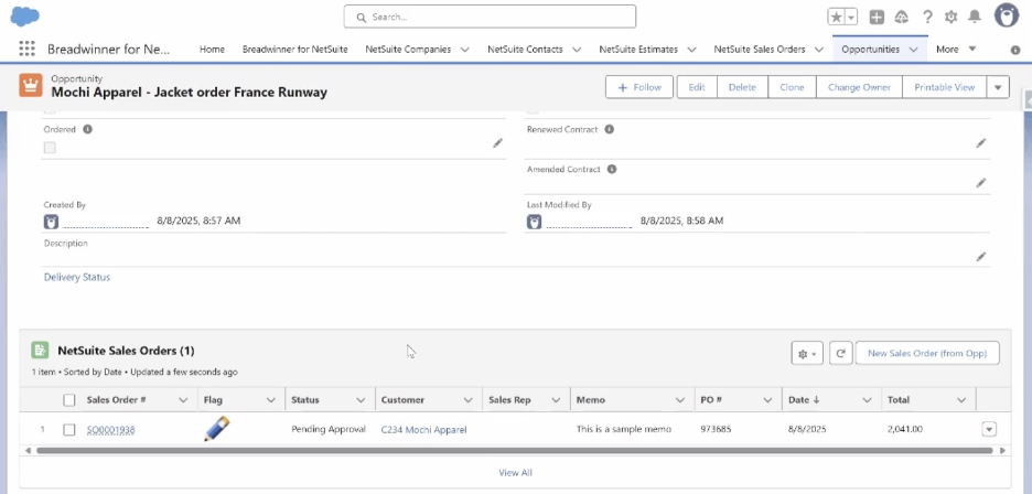 NetSuite Sales Orders on Opportunity