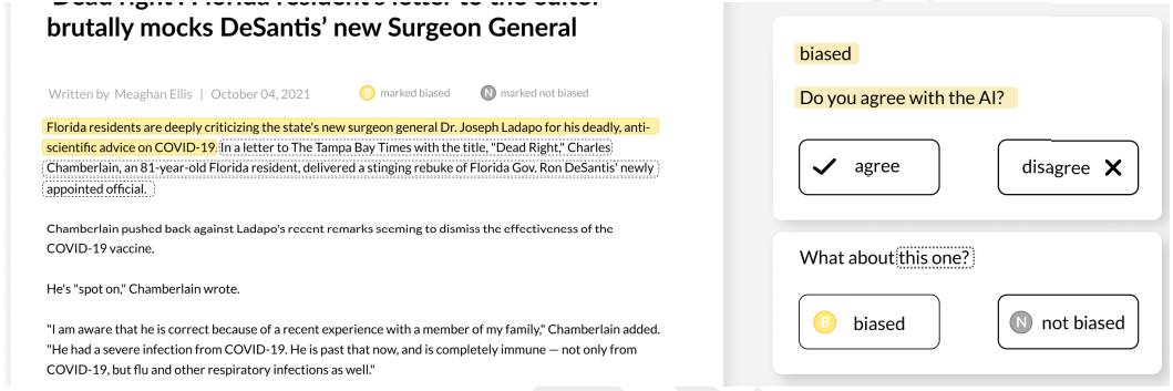 Figure 3: The feedback mechanism Comparison operates on sentence pairs and uses the BABE classifier to highlight the first sentence as biased in yellow. Readers can agree or disagree with this classification through the feedback module on the right. The next sentence is merely outlined. Here, the feedback module asks for a bias rating without the classifier anchor.