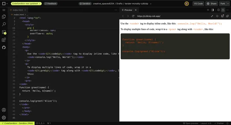 Example of the code tag