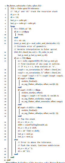 Algorithm 2: Outline of the iterative cubic Bézier flatteningroutine invoked in our compute shader. A working WGSL implementation is provided in the supplemental materials.