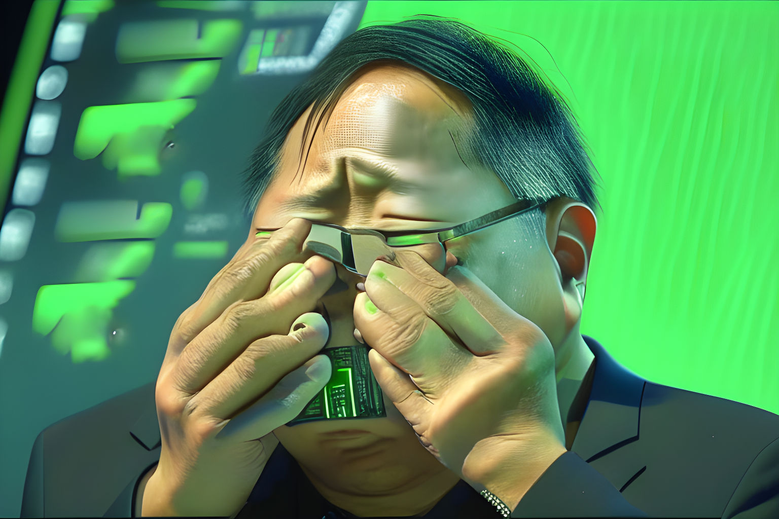 Nvidia CEO Jensen Huang Holding a graphic card At a Tech Conference while crying