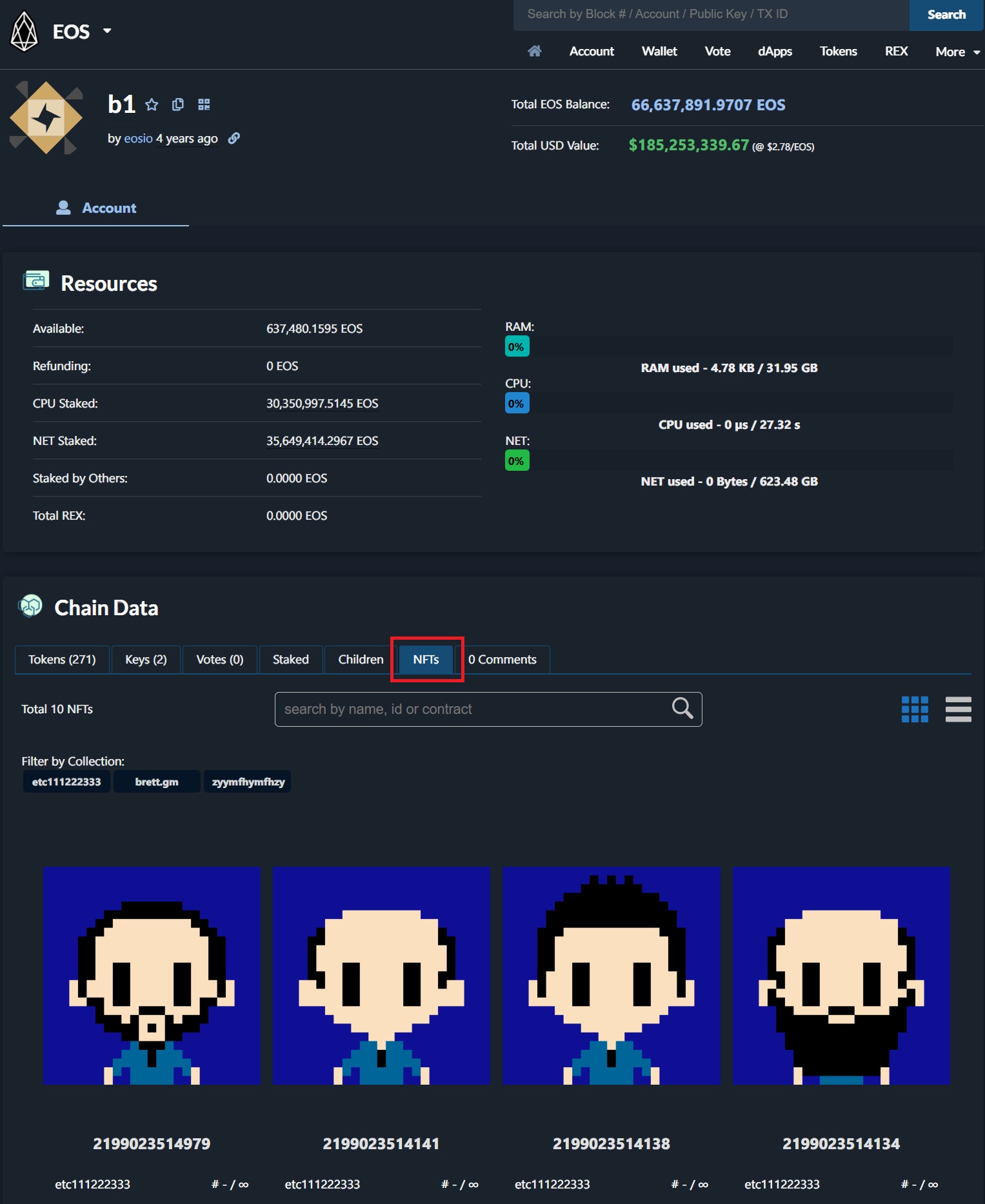 NFTs held by B1 account on EOS blockchain