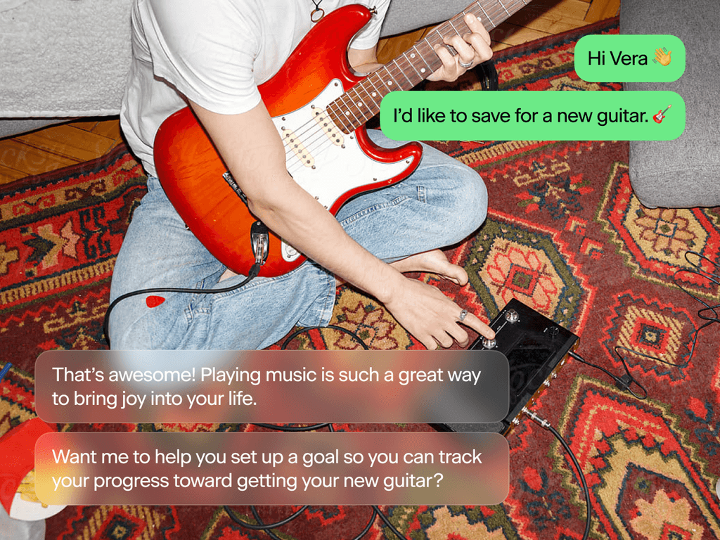 Guitarist adjusting an effects pedal as Vera chat bubbles offer guidance.