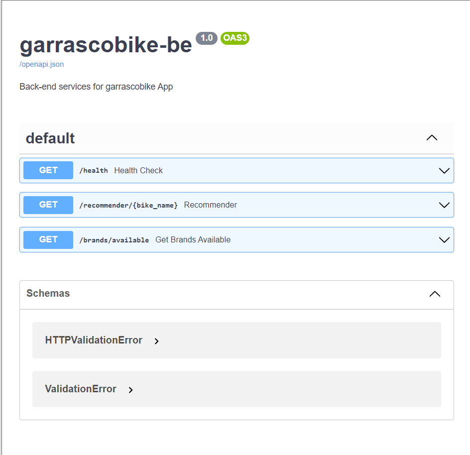 Внутренняя веб-страница OpenAPI Garrascobike
