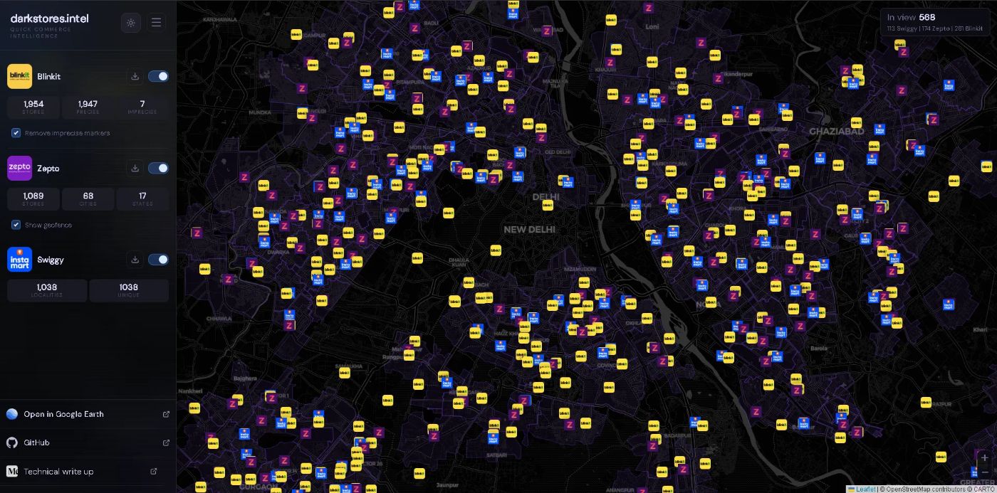 Every dark store currently active in New Delhi — Blinkit, Zepto, and Swiggy Instamart — plotted from coordinates scraped entirely through their own APIs.