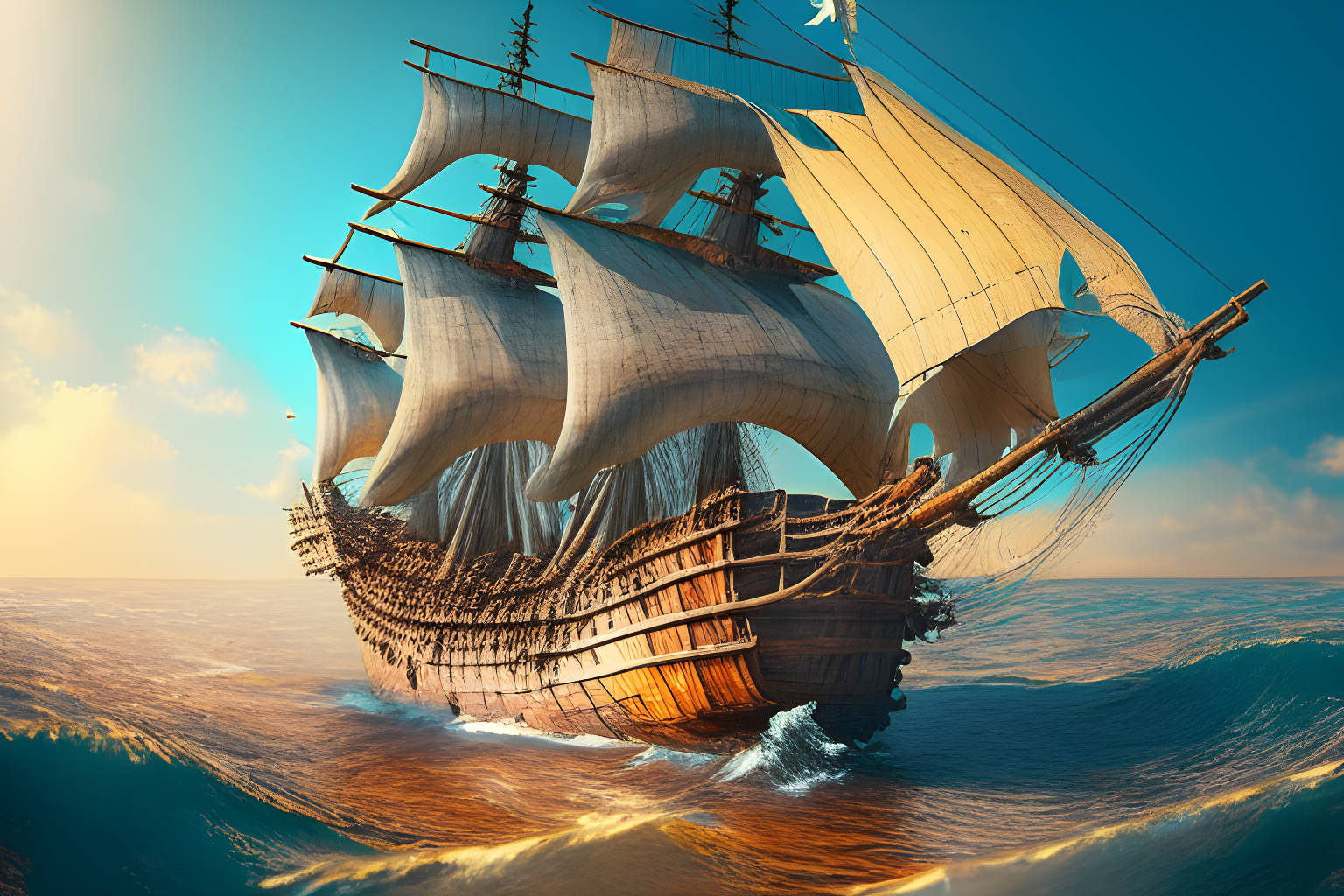 old wooden ship is turning in a sea. Good sunny weather. Positive attitude. Super realistic