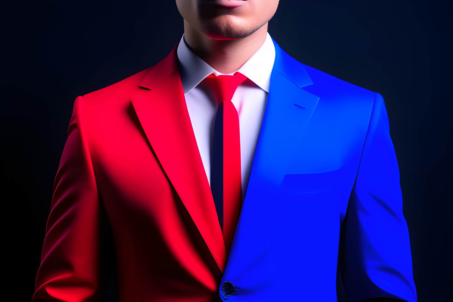 one person wearing a half red and half blue tuxedo