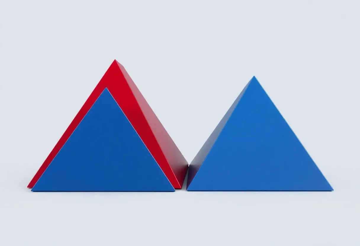 one red pyramid and one blue pyramid side by side