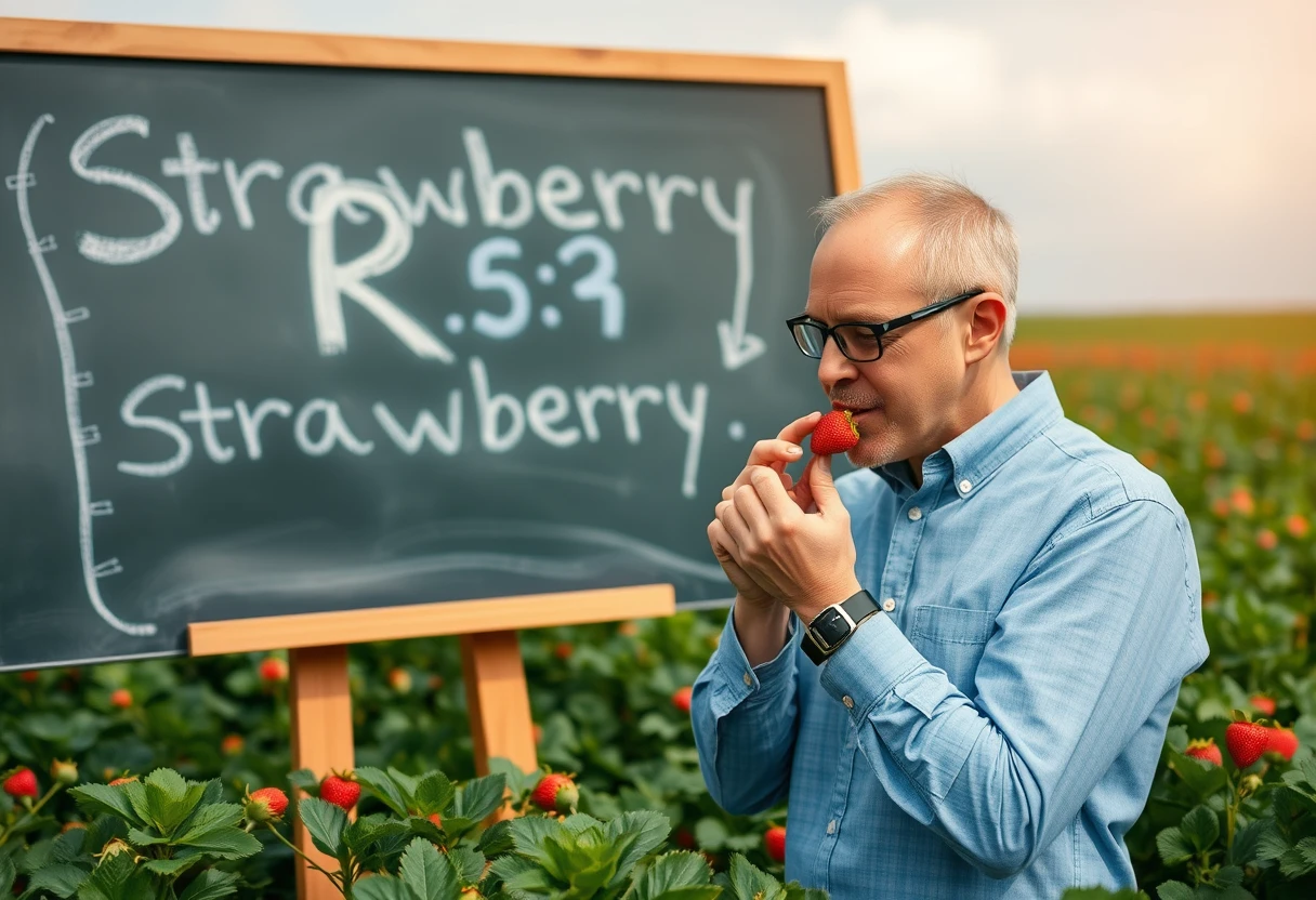 OpenAI CEO counting the number of Rs in "Strawberry," which is written on a chalkboard, while eating a Strawberry in a Strawberry Field