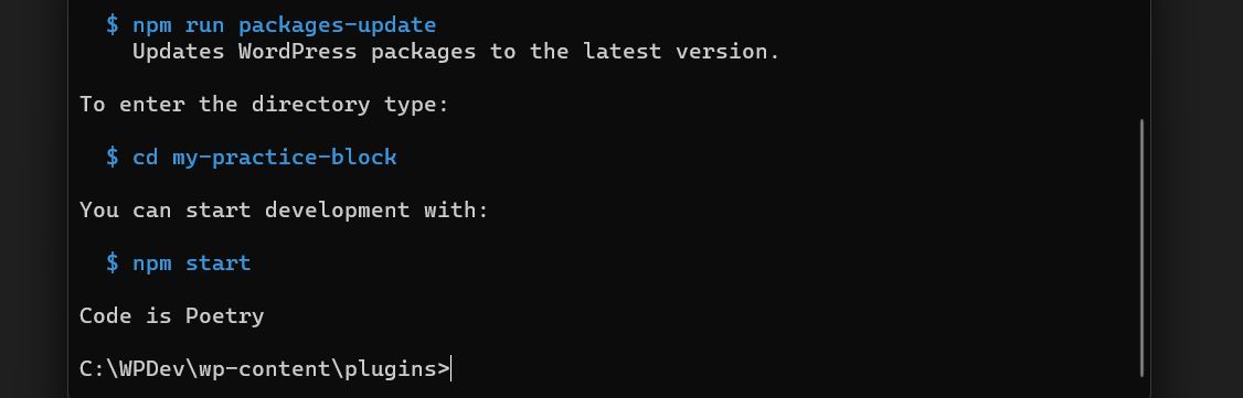 Successfully completed installing @wordpress/create-block package