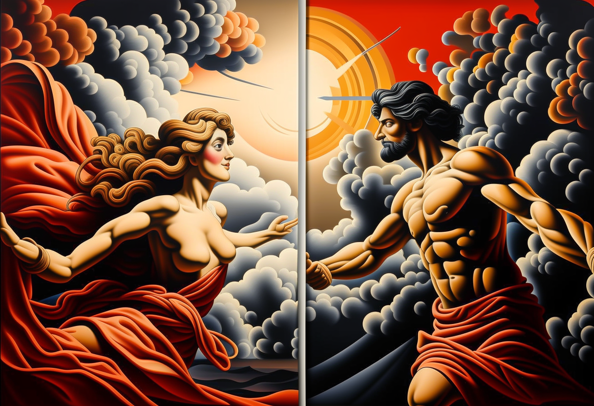 painting of a man and a woman reaching towards each other, inspired by the positioning in The Creation of Adam.