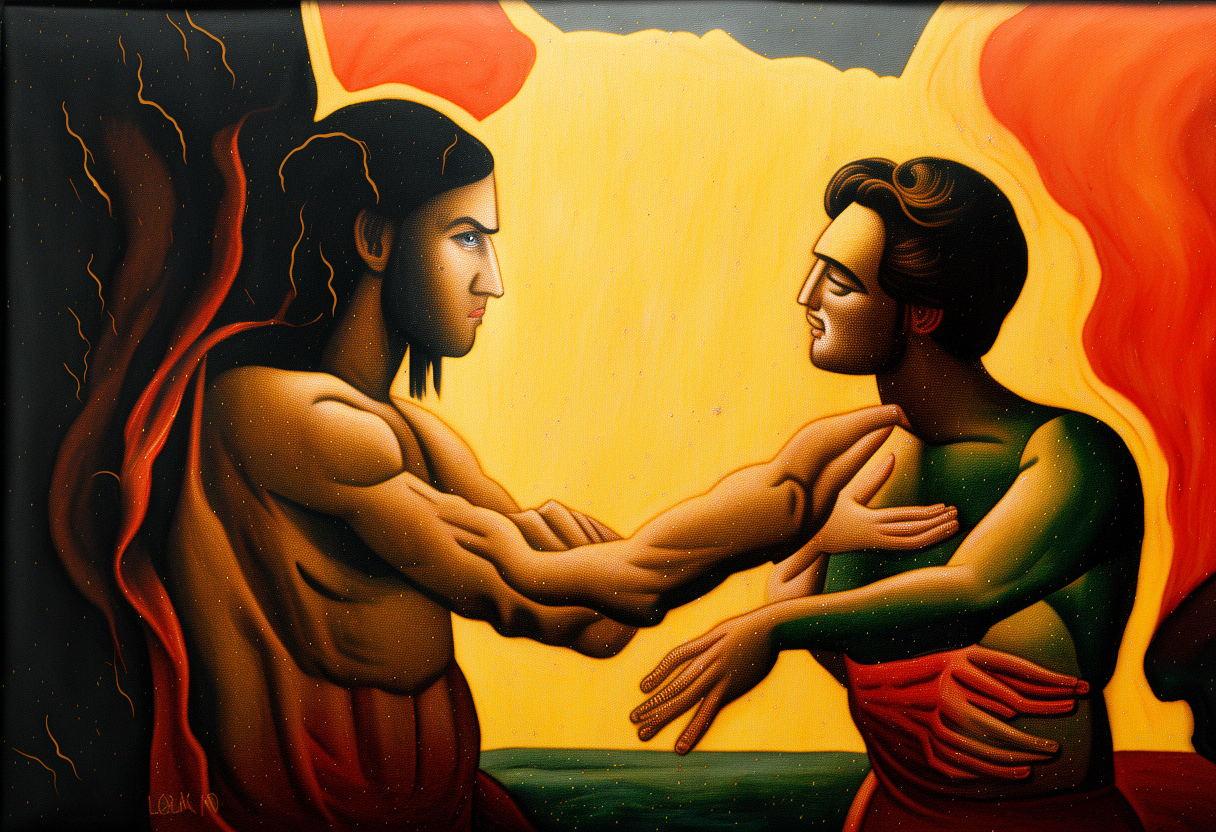 painting of a man and a woman reaching towards each other, inspired by the positioning in The Creation of Adam.