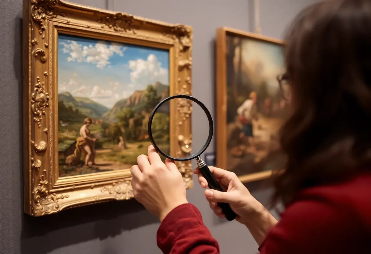 paintings being inspected with a magnifying glass