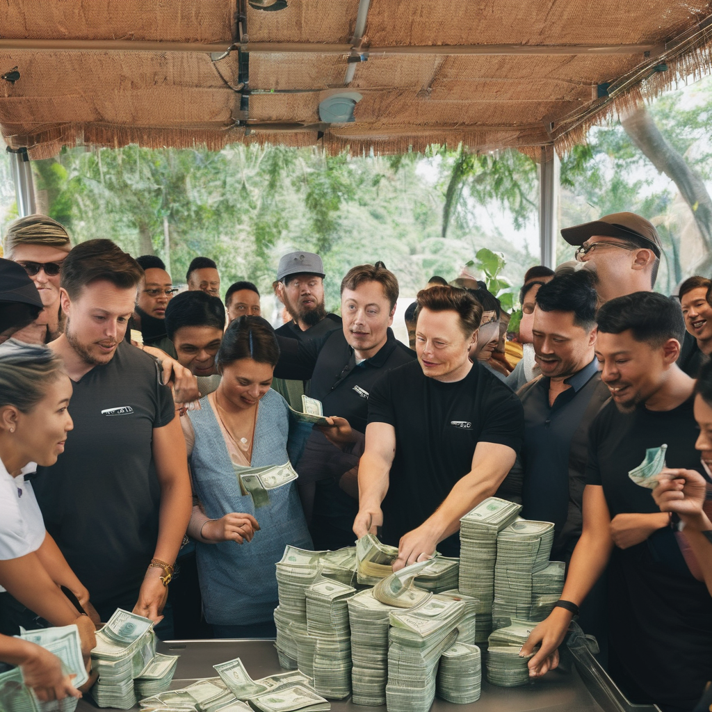 People collecting a bag of money from Elon Musk