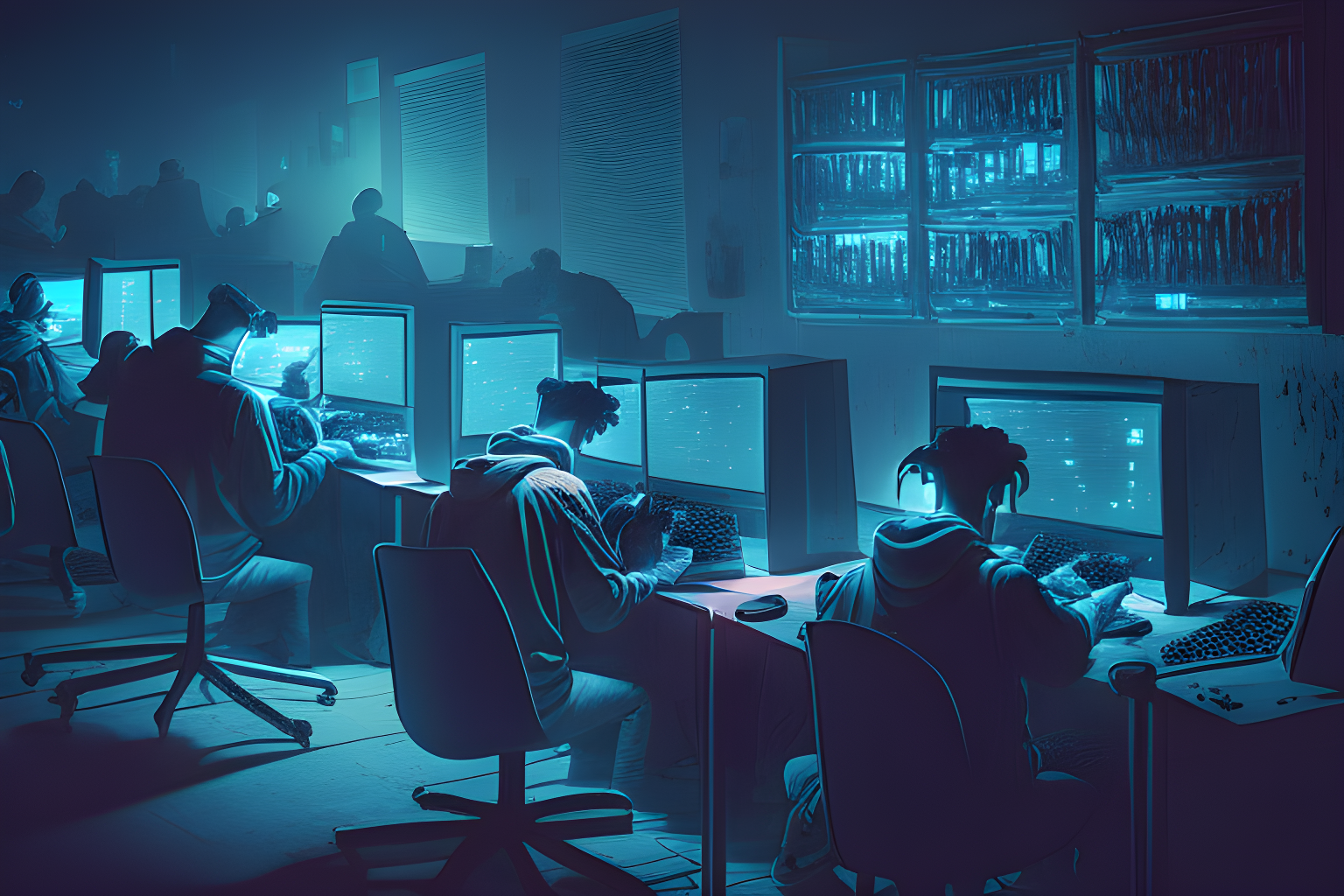 people on computers in an internet cafe at nighttime