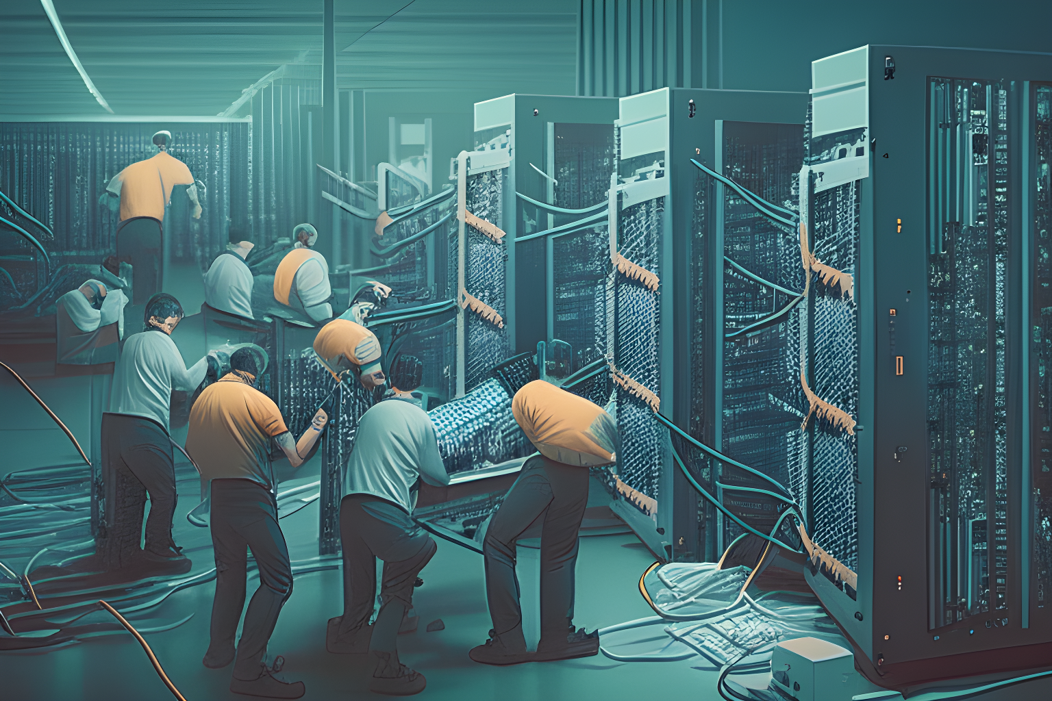 people working in a server farm