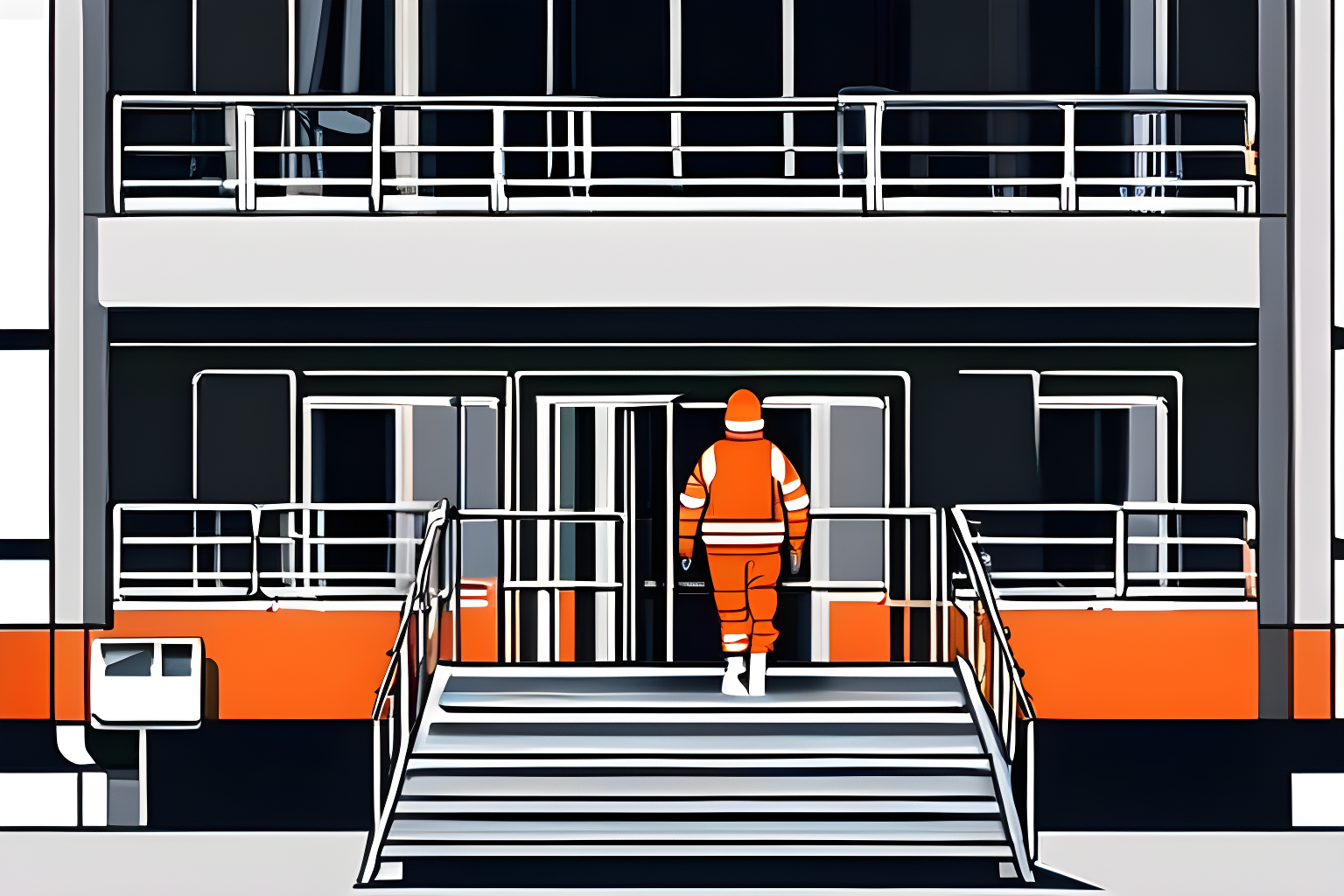 Person in orange prison jumpsuit, a plane parked on the flight line, stairs next to the plane, prisoner walking up the stairs