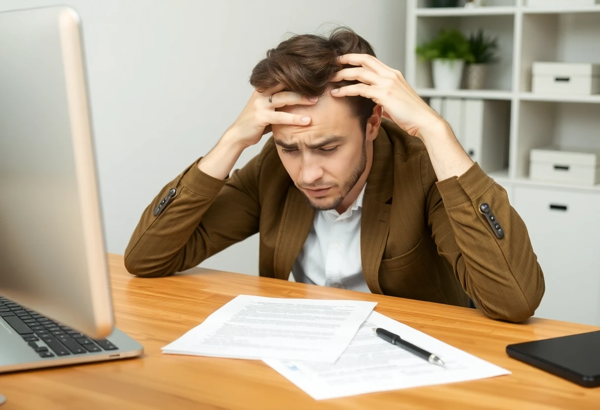 person sitting at a computer desk, holding their head with two hands, elbows on the table, frustrated, over a document