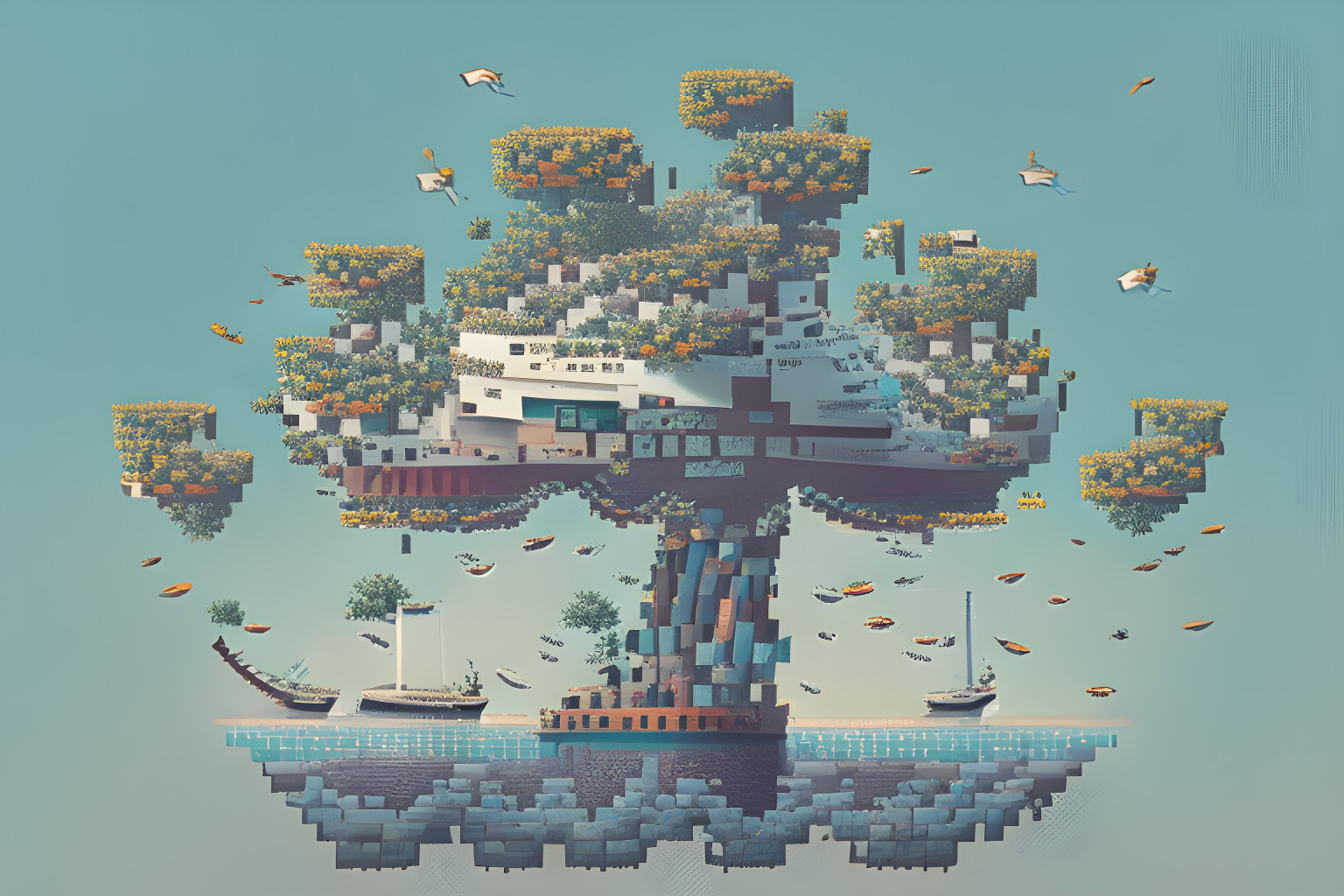 personify a tree with short branches as arms, stacking hundreds of tiny pixelated ships atop each other to make one beautiful yacht