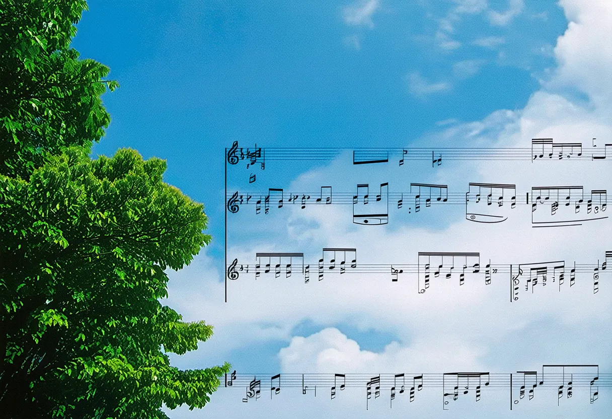 photograph, musical score written in clouds, treble clef, sunny