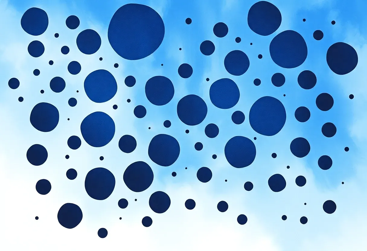 pitch black spots all over a bright and blue sky waterpaint art style