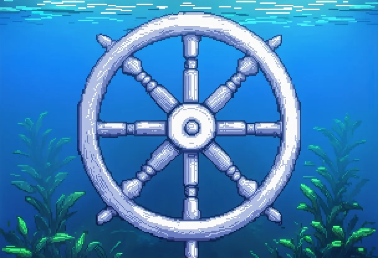 pixel art, ship's wheel, simple, white on blue