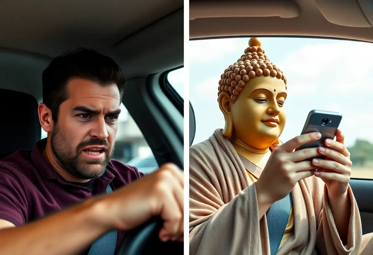 PIXELATED STYLE two image next to each other. image 1 = road rage man, like angry mel gibson. image 2 = same man, calmed by smartphone, like buddha