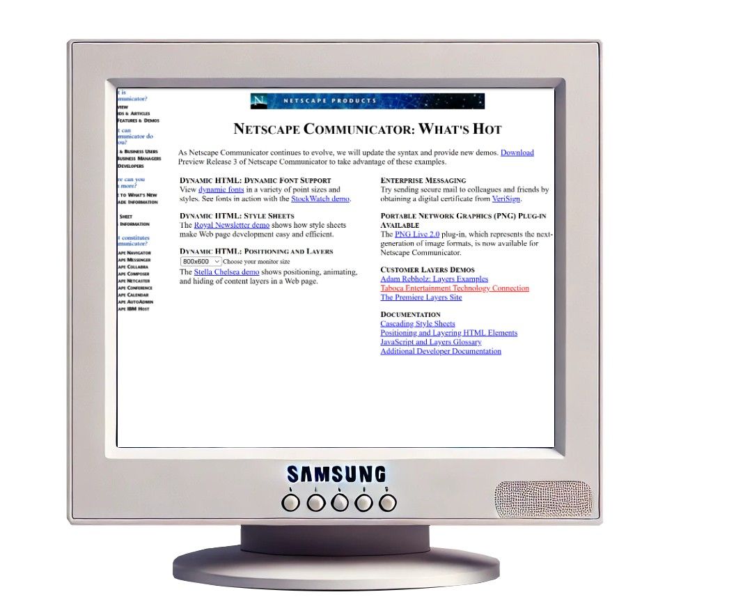 An old web page, originally from web archive, inside an old Samsung display. 