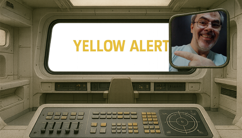 Yellow alert - windshield transparent - made with Gpt 4o. On the right, yours old chunk of Silicon Valley coal, on fire. 