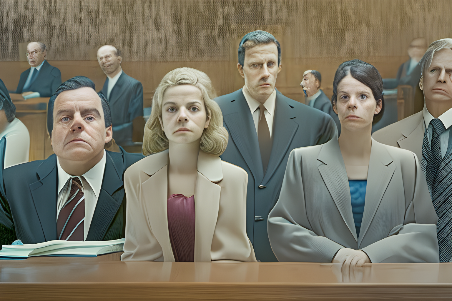 Plaintiffs in suit in a courtroom