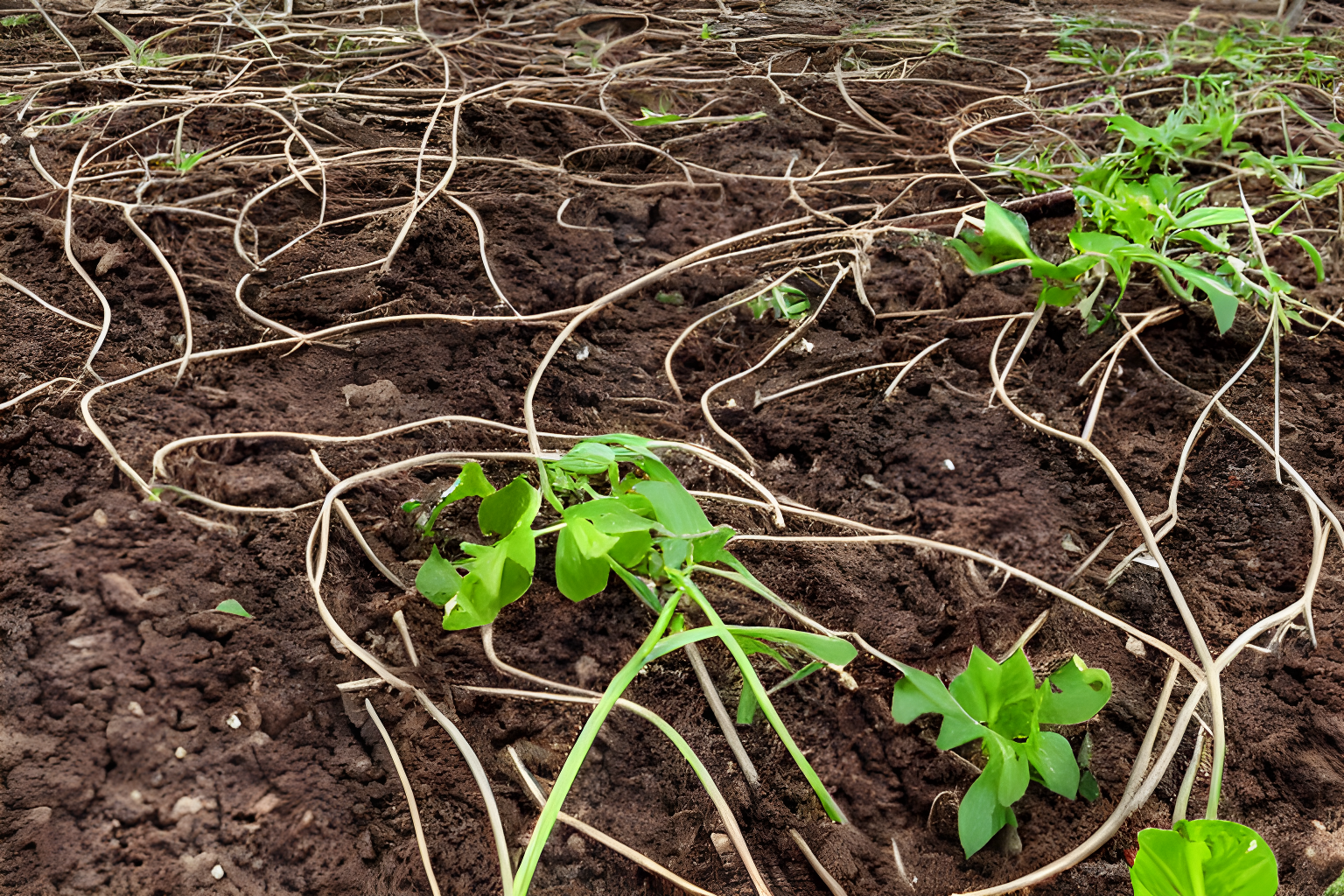 plant roots interweave and ants crawl across, it is like a highway for bugs