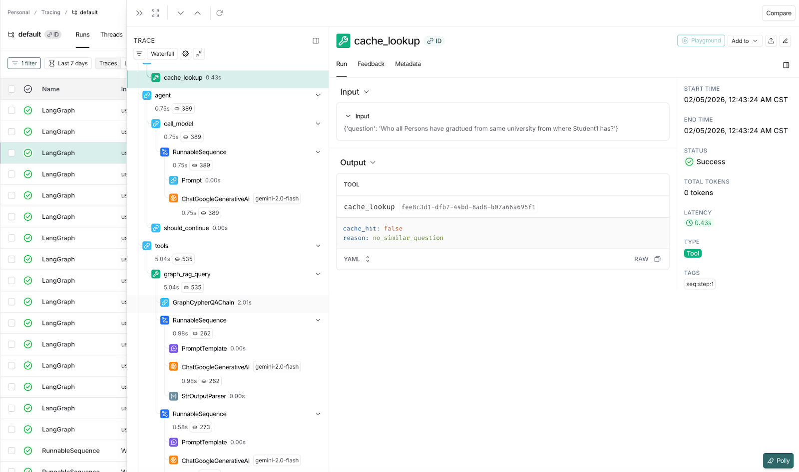 LangSmith Trace showing cache lookup mcp call and false cache hit