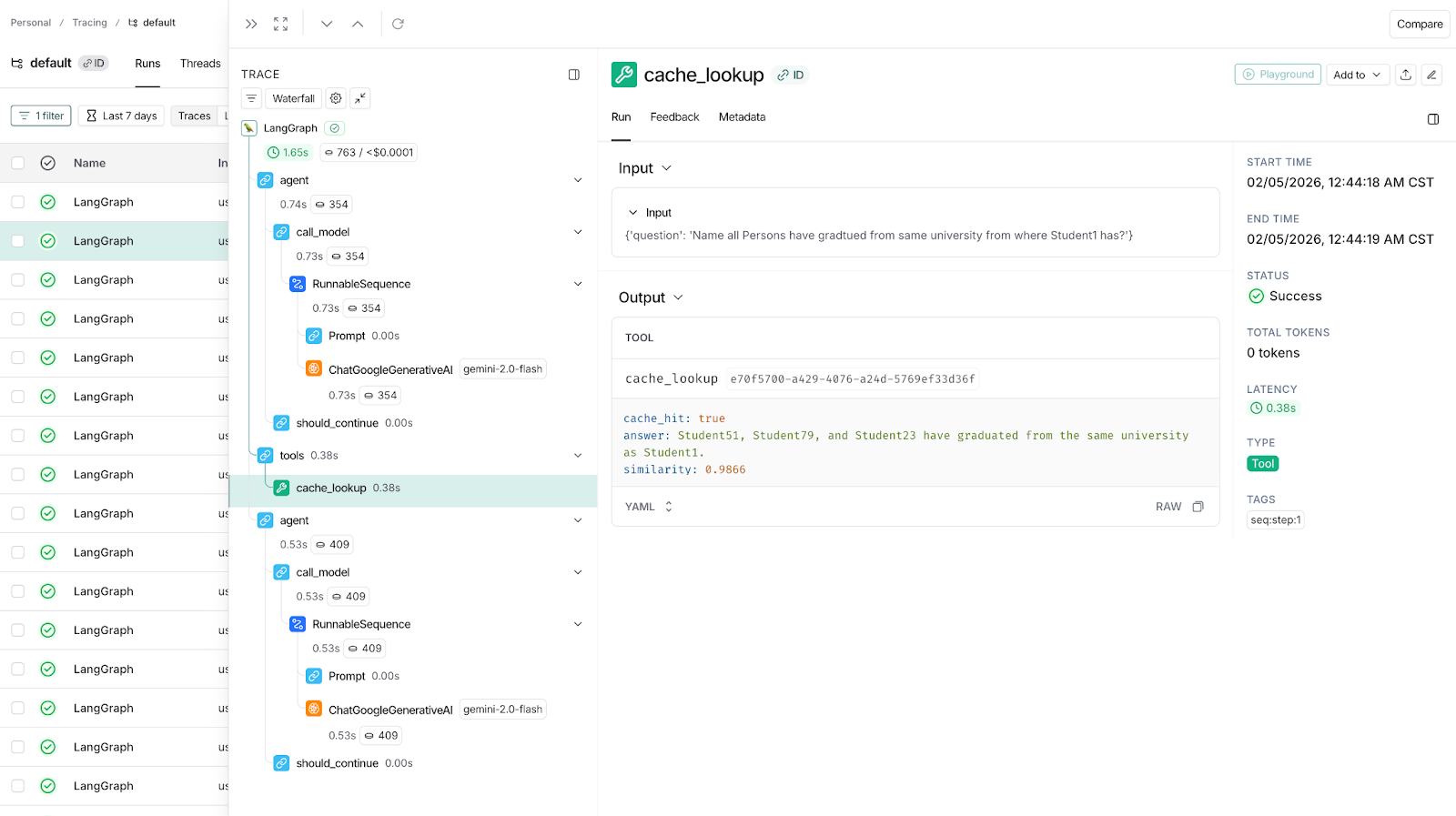 LangSmith Trace showing cache lookup mcp call and cache hit