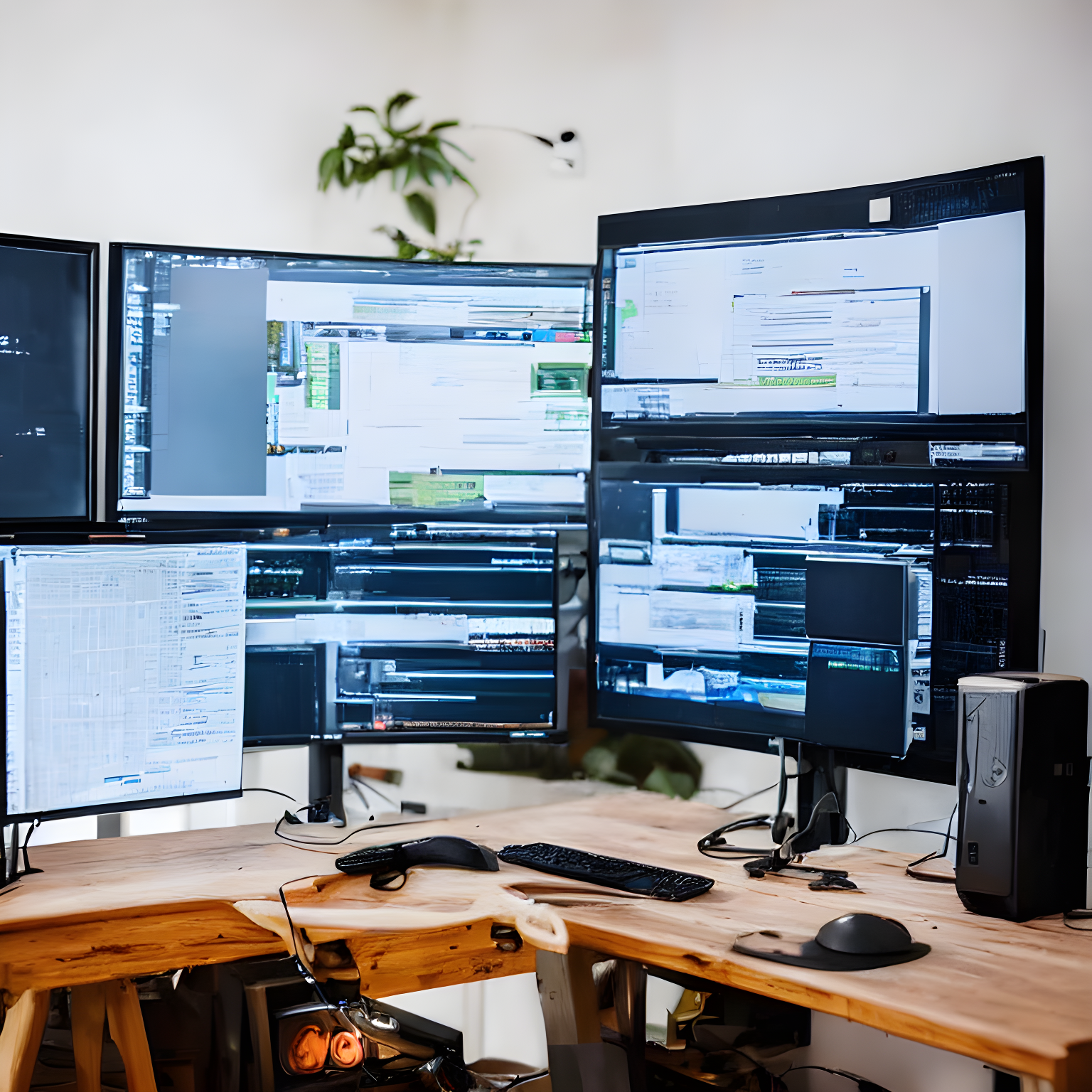 programmer, cozy, apartment, wooden floor, hi-tech pc setup, multiple monitors, programmer pondering while looking at screen