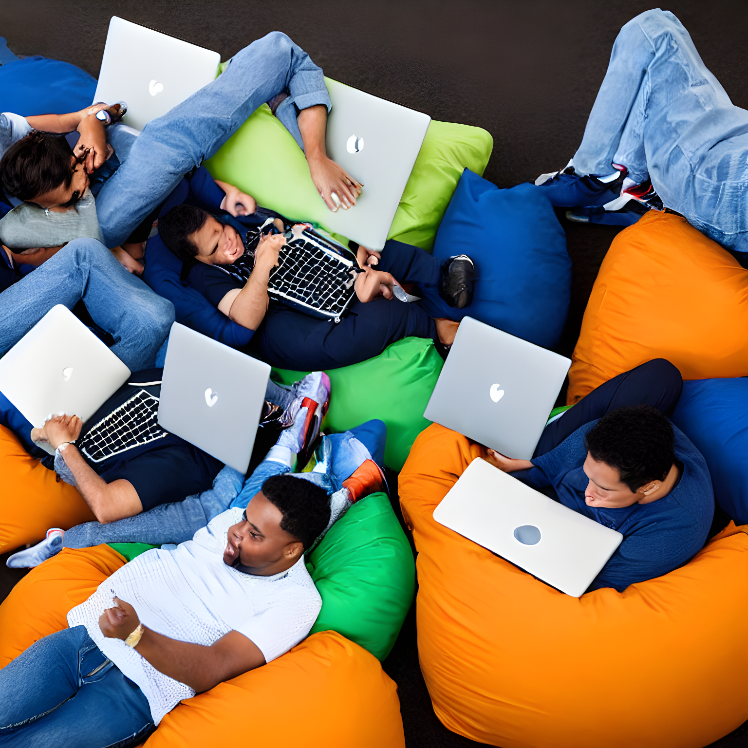 programmers sitting on a comfortable beanbag with their laptops