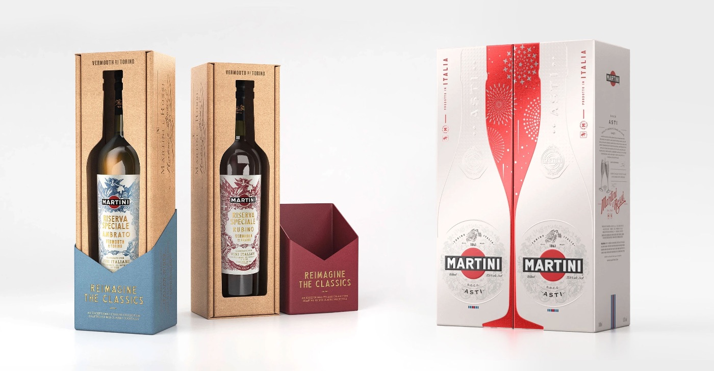 Packaging design for Martini vermouth and sparkling wine.