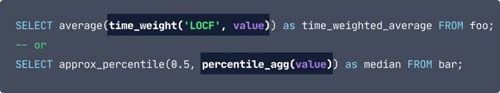 The same as the previous in terms of code, except the sections: time_weight('LOCF', value) and percentile_agg(value) are highlighted.