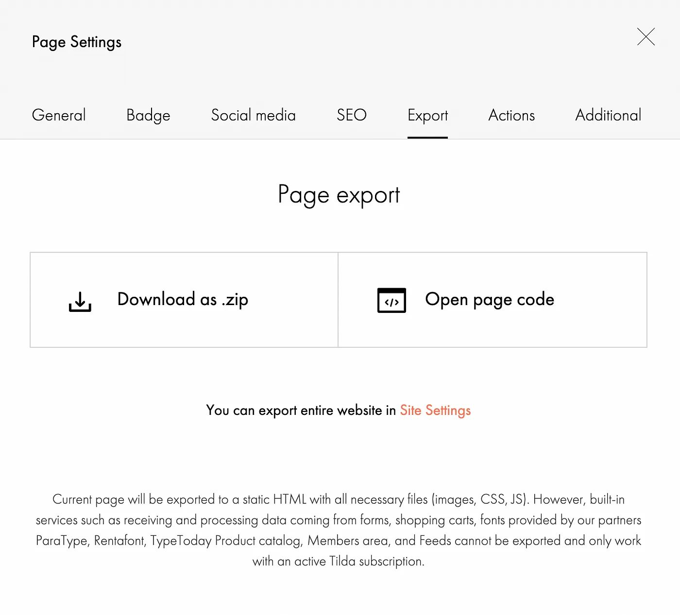 Tilda allows exporting files from the page settings
