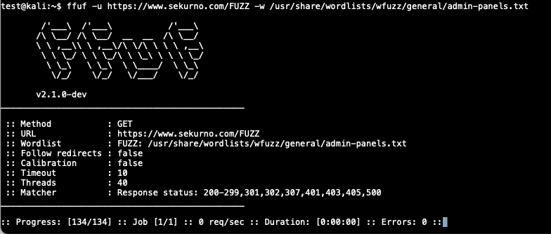  directory enumeration with the ffuf tool for *www.sekurno.com*