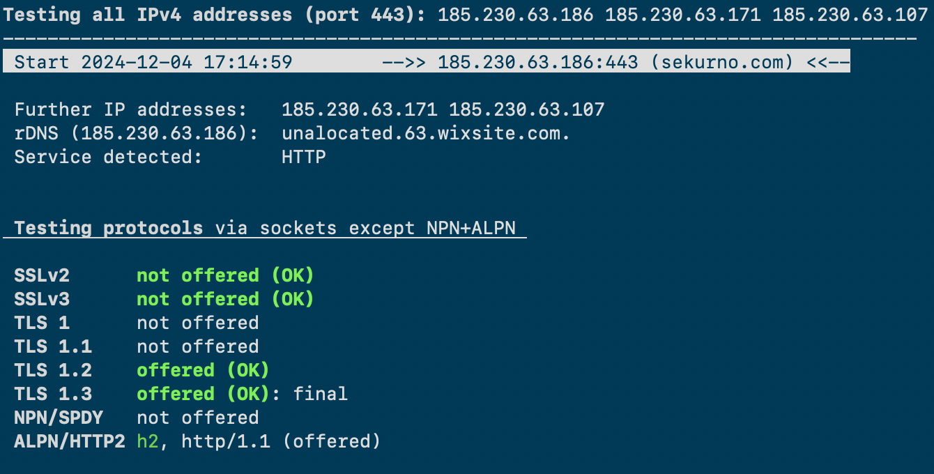 Scanning with testssl.sh “sekurno.com”.