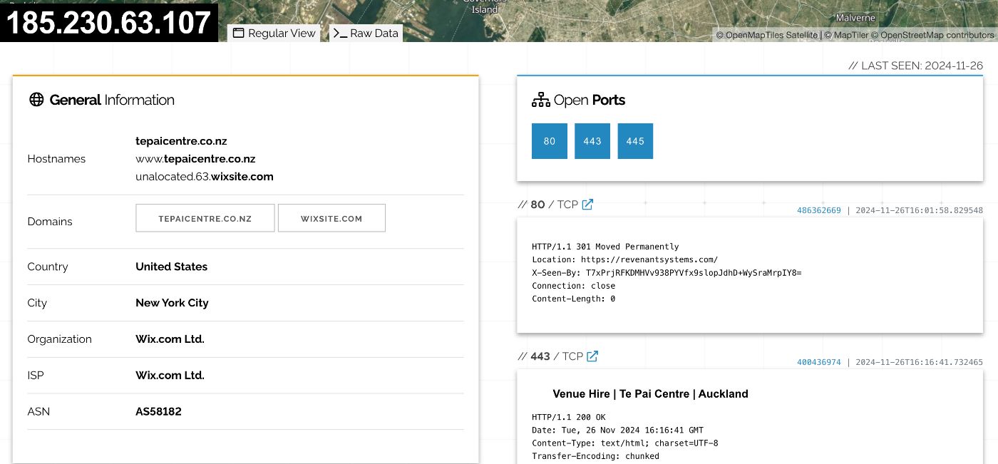  Using Shodan to search for IP 185.230.63.107 reveals open ports, running services, and software versions.